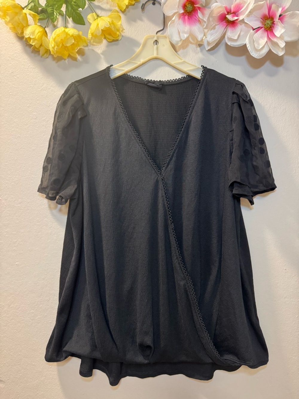 Black Wrap-Front Short Sleeve Blouse